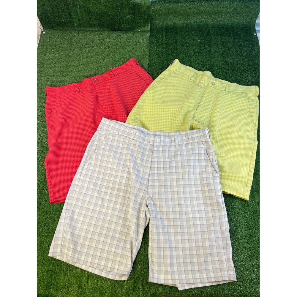 Lot of 3 Mens PGA Tour Golf Shorts Size 38 Red Lime Green Plaid Flat Front
